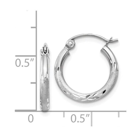 2mm x 15mm 14k White Gold Satin & Diamond-Cut Round Hoop Earrings